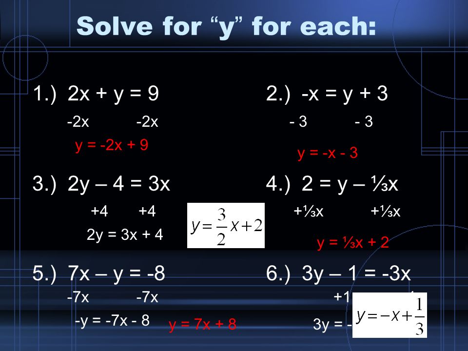 Solve For Y For Each 1 2x Y 9 2 X Y 3 3 2y 4 3x 4 2 Y X 5 7x Y 8 6 3y 1 3x 2x 2x 3 Ppt Video Online Download