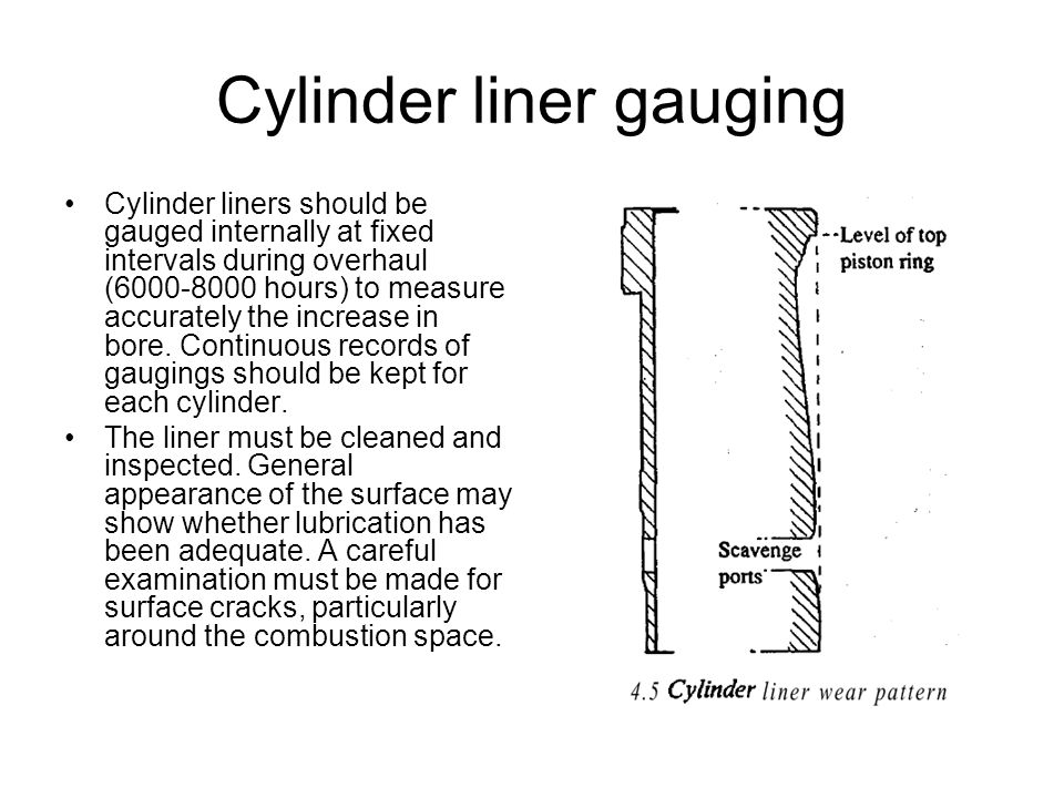 Cylinder liner gauging Cylinder liners should be gauged internally at fixed  intervals during overhaul (6000-8000 hours) to measure accurately the  increase. - ppt download