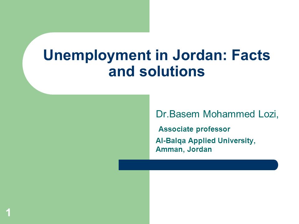 1 Unemployment in Jordan: Facts and solutions Dr.Basem Mohammed Lozi,  Associate professor Al-Balqa Applied University, Amman, Jordan. - ppt  download
