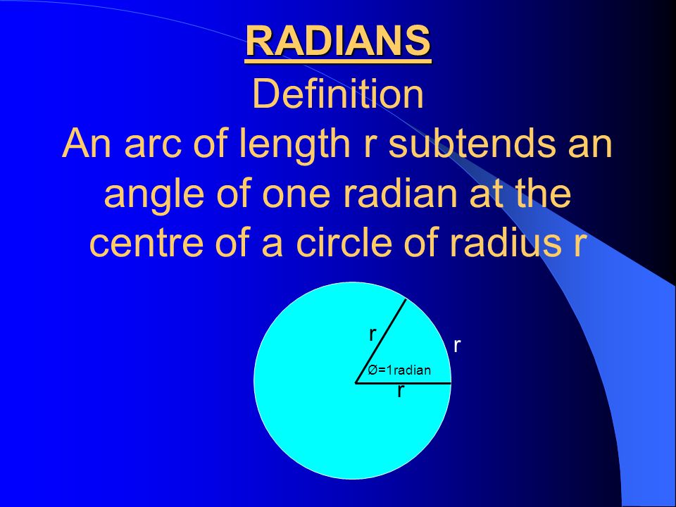 RADIANS Definition An arc of length r subtends an angle of one radian at  the centre of a circle of radius r r Ø=1radian. - ppt video online download