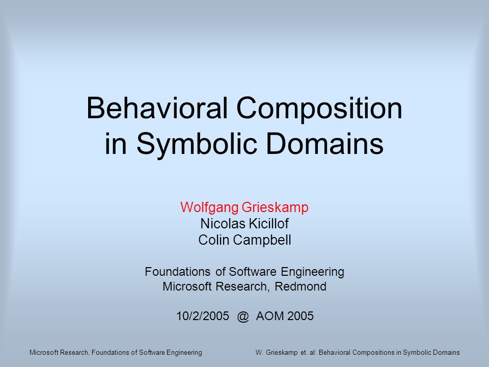 Microsoft Research Foundations Of Software Engineeringw Grieskamp Et Al Behavioral Compositions In Symbolic Domains Behavioral Composition In Symbolic Ppt Download Microsoft Research Foundations Of Software Engineeringw Grieskamp Et Al Behavioral Compositions In Symbolic Domains Behavioral Composition In Symbolic Ppt Download