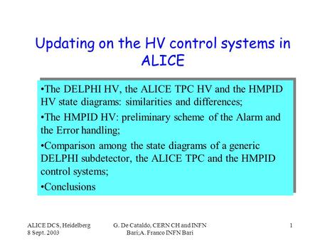 ALICE DCS, Heidelberg 8 Sept. 2003 G. De Cataldo, CERN CH and INFN Bari;A. Franco INFN Bari 1 Updating on the HV control systems in ALICE The DELPHI HV,