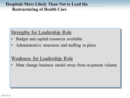 1CoE 8.18.10 Hospitals More Likely Than Not to Lead the Restructuring of Health Care Strengths for Leadership Role Budget and capital resources available.