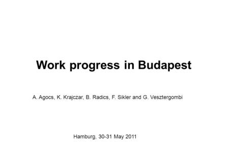 Work progress in Budapest A. Agocs, K. Krajczar, B. Radics, F. Sikler and G. Vesztergombi Hamburg, 30-31 May 2011.