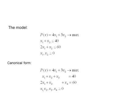 The model: Canonical form:. Matrix form: Simplex method: BPBPB XBXB A1A1 A2A2 A3A3 A4A4 4300 A3A3 A4A4 0 0 40 60 1110 2101 P(x)=0-4-300.