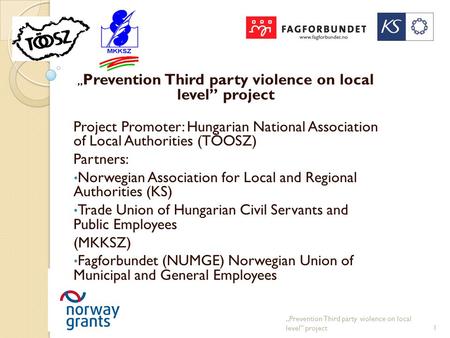 „ Prevention Third party violence on local level” project Project Promoter: Hungarian National Association of Local Authorities (TÖOSZ) Partners: Norwegian.