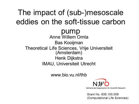 The impact of (sub-)mesoscale eddies on the soft-tissue carbon pump Anne Willem Omta Bas Kooijman Theoretical Life Sciences, Vrije Universiteit (Amsterdam)