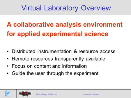 David Groep / 2001.05.08Virtual Lab overview1 Virtual Laboratory Overview A collaborative analysis environment for applied experimental science Distributed.