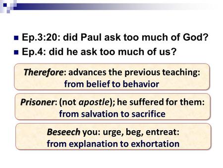 Ep.3:20: did Paul ask too much of God? Ep.4: did he ask too much of us? Therefore Therefore: advances the previous teaching: from belief to behavior Prisoner.