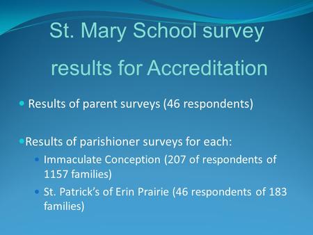Results of parent surveys (46 respondents) Results of parishioner surveys for each: Immaculate Conception (207 of respondents of 1157 families) St. Patrick’s.
