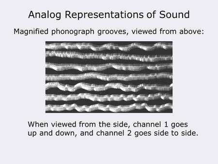 Analog Representations of Sound Magnified phonograph grooves, viewed from above: When viewed from the side, channel 1 goes up and down, and channel 2 goes.