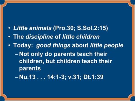 Little animals (Pro.30; S.Sol.2:15) The discipline of little children Today: good things about little people –Not only do parents teach their children,