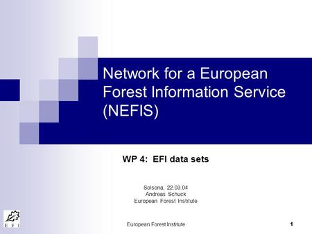 European Forest Institute 1 Network for a European Forest Information Service (NEFIS) WP 4: EFI data sets Solsona, 22.03.04 Andreas Schuck European Forest.