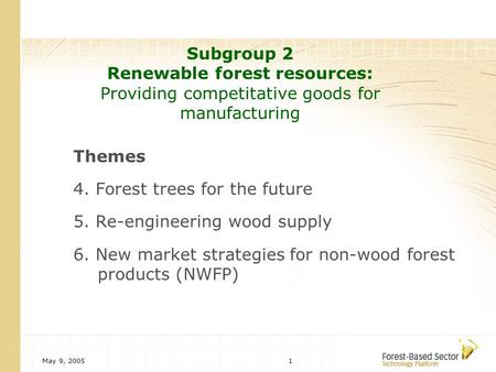 May 9, 20051 Subgroup 2 Renewable forest resources: Providing competitative goods for manufacturing Themes 4. Forest trees for the future 5. Re-engineering.