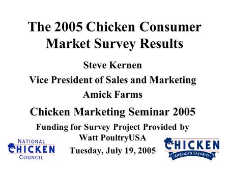The 2005 Chicken Consumer Market Survey Results Steve Kernen Vice President of Sales and Marketing Amick Farms Chicken Marketing Seminar 2005 Funding for.