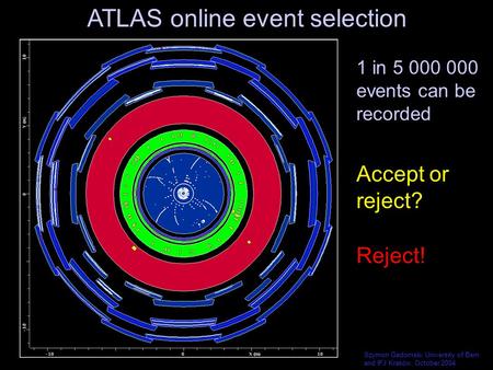 Szymon Gadomski, University of Bern and IFJ Kraków, October 2004 Accept or reject? Reject! ATLAS online event selection 1 in 5 000 000 events can be recorded.