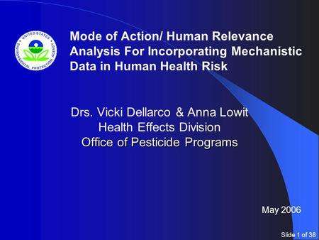 Slide 1 of 38 Office of Pesticide Programs Drs. Vicki Dellarco & Anna Lowit Health Effects Division Office of Pesticide Programs Mode of Action/ Human.