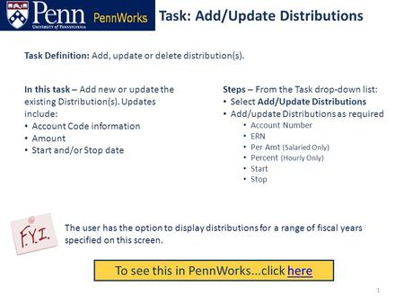 Task: Add/Update Distributions To see this in PennWorks...click herehere Task Definition: Add, update or delete distribution(s). Steps – From the Task.