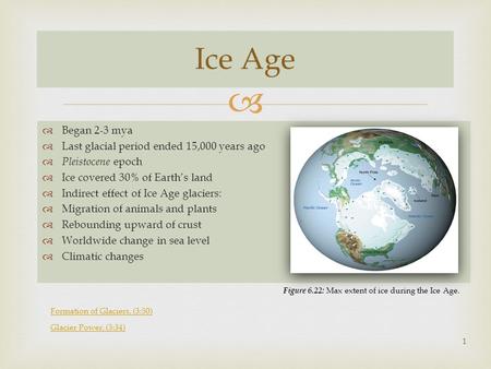   Began 2-3 mya  Last glacial period ended 15,000 years ago  Pleistocene epoch  Ice covered 30% of Earth’s land  Indirect effect of Ice Age glaciers:
