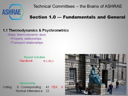 Technical Committees – the Brains of ASHRAE Section 1.0 — Fundamentals and General.