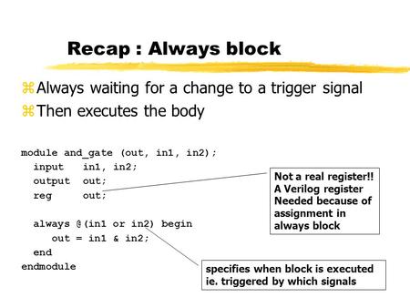 Recap : Always block module and_gate (out, in1, in2); inputin1, in2; outputout; regout; or in2) begin out = in1 & in2; end endmodule zAlways.