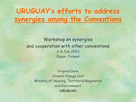 URUGUAY’s efforts to address synergies among the Conventions Workshop on synergies and cooperation with other conventions 2-4 July 2003 Espoo, Finland.