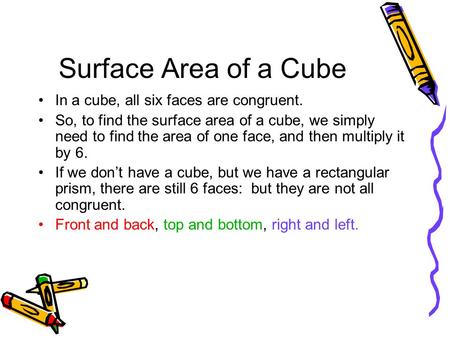 Surface Area of a Cube In a cube, all six faces are congruent.