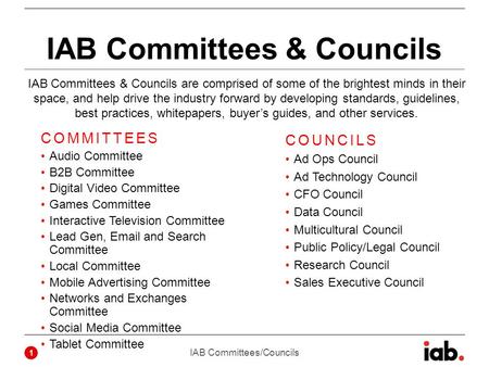 IAB Committees & Councils COMMITTEES Audio Committee B2B Committee Digital Video Committee Games Committee Interactive Television Committee Lead Gen, Email.