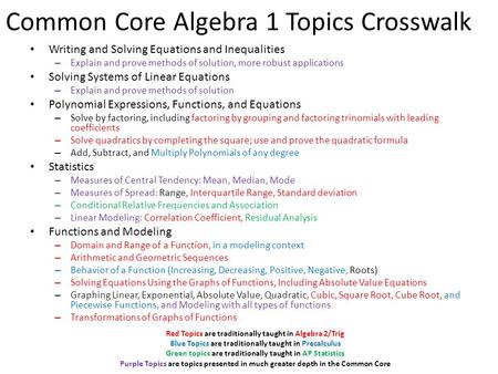 Common Core Algebra 1 Topics Crosswalk Writing and Solving Equations and Inequalities – Explain and prove methods of solution, more robust applications.