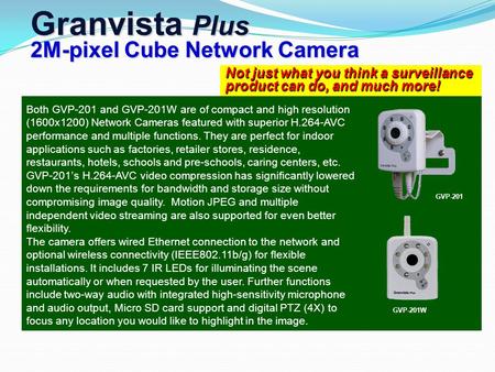 Not just what you think a surveillance product can do, and much more! Granvista Plus 2M-pixel Cube Network Camera Both GVP-201 and GVP-201W are of compact.