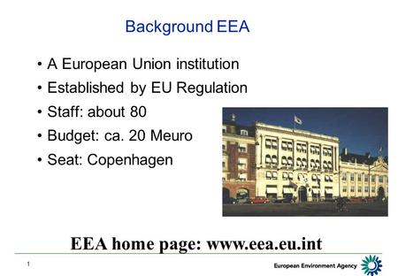 1 Background EEA A European Union institution Established by EU Regulation Staff: about 80 Budget: ca. 20 Meuro Seat: Copenhagen EEA home page: www.eea.eu.int.