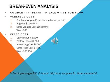 BREAK-EVEN ANALYSIS COMPANY A PLANS TO SALE UNITS FOR $100 VARIABLE COST: 1.Employee Wages $8 per Hour (4 hours per unit) 2.Supplies $1 per Unit 3.Other.