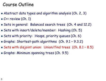 0 Course Outline n Abstract data types and algorithm analysis (Ch. 2, 3) n C++ review (Ch. 1) n Sets in general: Balanced search trees (Ch. 4 and 12.2)