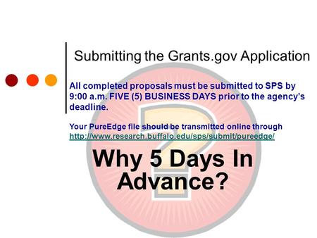Submitting the Grants.gov Application Why 5 Days In Advance? All completed proposals must be submitted to SPS by 9:00 a.m. FIVE (5) BUSINESS DAYS prior.