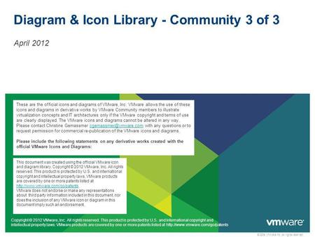 © 2009 VMware Inc. All rights reserved Diagram & Icon Library - Community 3 of 3 April 2012 Copyright © 2012 VMware, Inc. All rights reserved. This product.