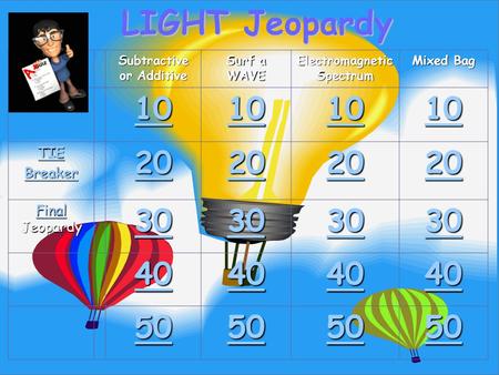 LIGHT Jeopardy Subtractive or Additive Surf a WAVE Electromagnetic Spectrum Mixed Bag 10 TIE Breaker 20 Final Final Jeopardy Final 30 40 50.