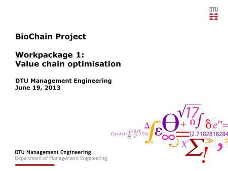 BioChain Project Workpackage 1: Value chain optimisation DTU Management Engineering June 19, 2013.