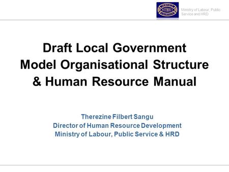 Ministry of Labour, Public Service and HRD Draft Local Government Model Organisational Structure & Human Resource Manual Therezine Filbert Sangu Director.