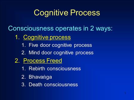 1 Cognitive Process Consciousness operates in 2 ways: 1.Cognitive process 1.Five door cognitive process 2.Mind door cognitive process 2.Process Freed 1.Rebirth.