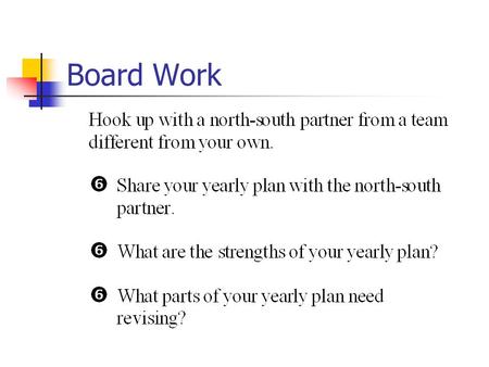 Board Work. OBJECTIVES Outcome Based “If you don’t know where you’re going, you can’t get there.”
