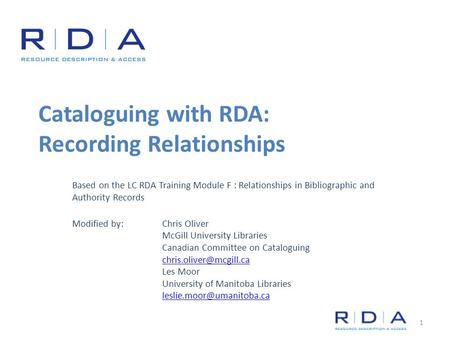Cataloguing with RDA: Recording Relationships Based on the LC RDA Training Module F : Relationships in Bibliographic and Authority Records Modified by: