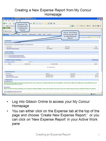 Creating a New Expense Report from My Concur Homepage