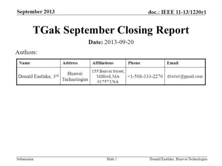 Submission doc.: IEEE 11-13/1230r1 September 2013 Donald Eastlake, Huawei TechnologiesSlide 1 TGak September Closing Report Date: 2013-09-20 Authors: NameAddressAffiliationsPhoneEmail.
