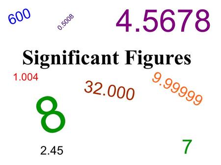 4.5678 600 0.5008 Significant Figures 1.004 8 32.000 9.99999 7 2.45.