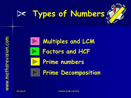 25-Aug-14Created by Mr. Lafferty Multiples and LCM Factors and HCF Types of Numbers www.mathsrevision.com Prime numbers Prime Decomposition.