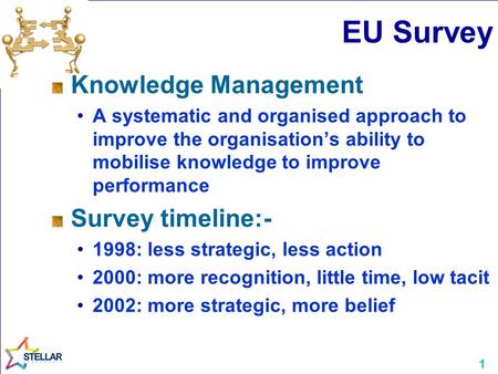 1 EU Survey Knowledge Management A systematic and organised approach to improve the organisation’s ability to mobilise knowledge to improve performance.