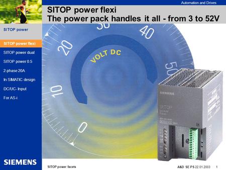 SITOP power facets A&D SE PS 22.01.2003 1 SITOP power Automation and Drives SITOP power flexi The power pack handles it all - from 3 to 52V SITOP power.