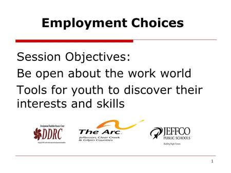 Employment Choices Session Objectives: Be open about the work world Tools for youth to discover their interests and skills 1.
