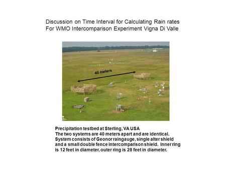 40 meters Discussion on Time Interval for Calculating Rain rates For WMO Intercomparison Experiment Vigna Di Valle Precipitation testbed at Sterling, VA.