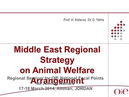 Middle East Regional Strategy on Animal Welfare Arrangement Prof.H. Aidaros -Dr G. Yehia Regional Seminar for OIE National Focal Points for Animal Welfare.